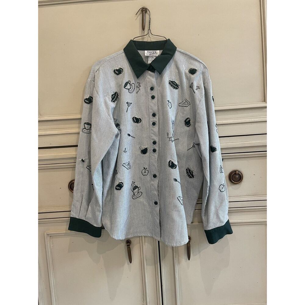 Vintage 80s Cafe‎ Embroidery Collared Green Button Up Petite Large READ